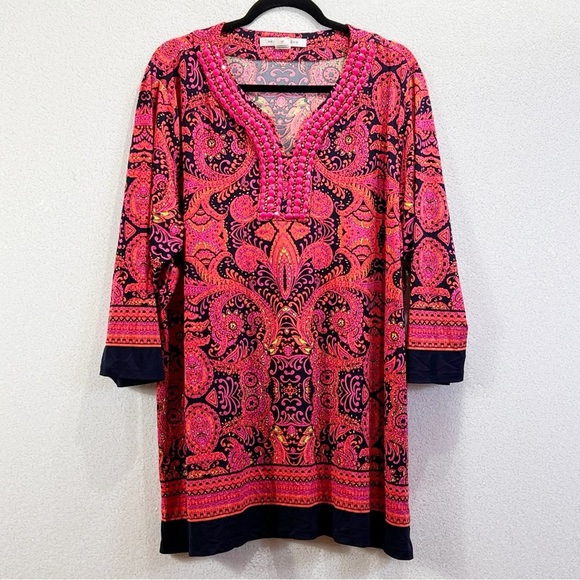 Peter Nygard 3/4 sleeve pink magenta orange beaded paisley with navy blue trim - Picture 11 of 11